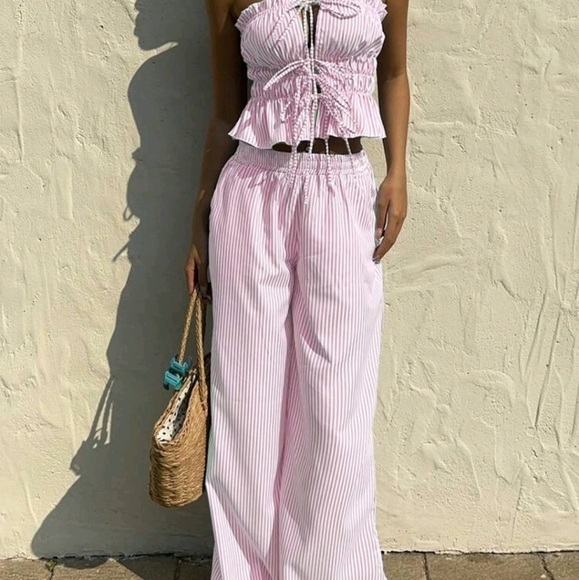 2pcs/Set Women Ruffle Trim Striped Tie Front Bustier Top And Pants - Picture 3 of 6